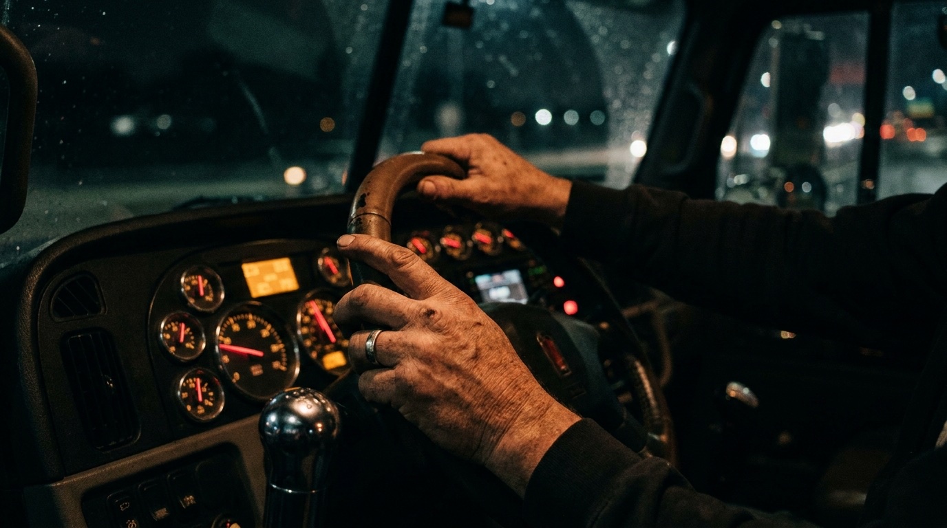 Driver's hands on a semi truck steering wheel with glowing dashboard gauges